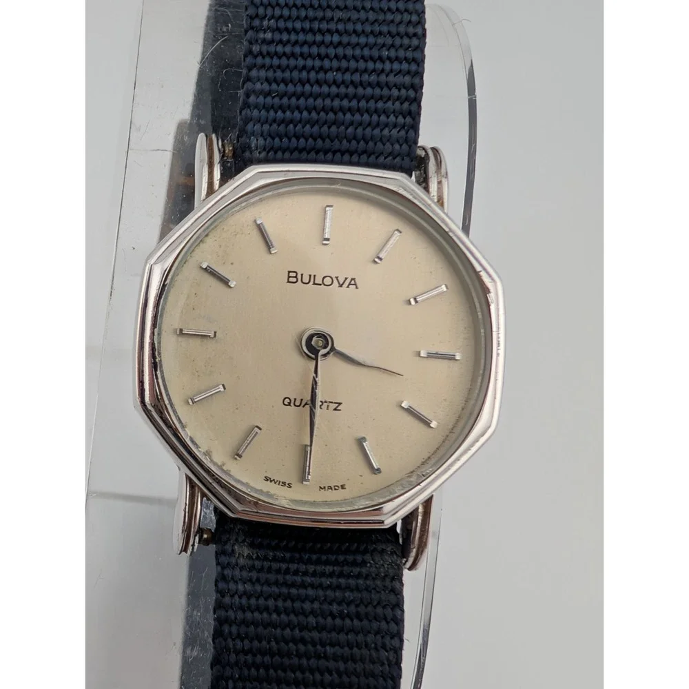 Rare Vintage Bulova Quartz Watch Women Silver 23mm Case Canvas Band- New Battery